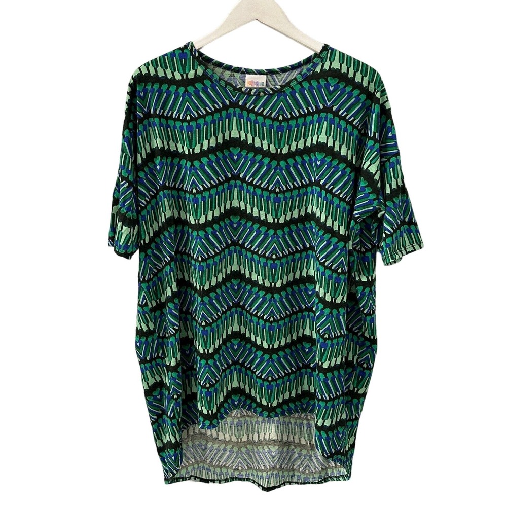 LuLaRoe Green Black Hi-Lo Hemline Top Print Womens L Geometric Bold Oversize